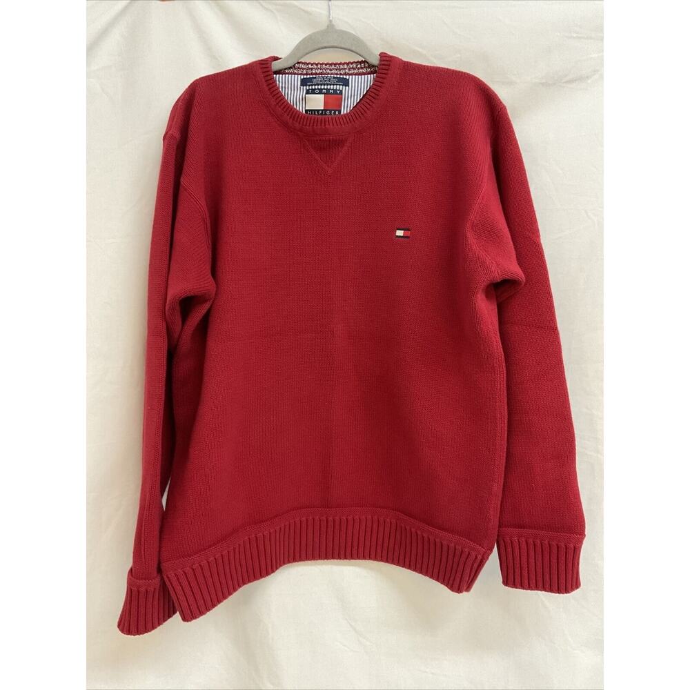Tommy Hilfiger Men’s V Neck Sweater Pullover Red Size Large 100% Cotton